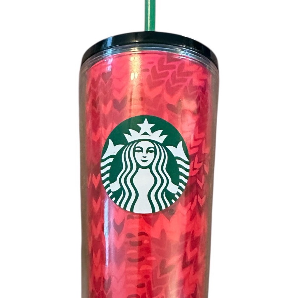 Starbucks 2022 Valentines 16-oz Acrylic Tumbler Red Hearts Green Lid & Straw